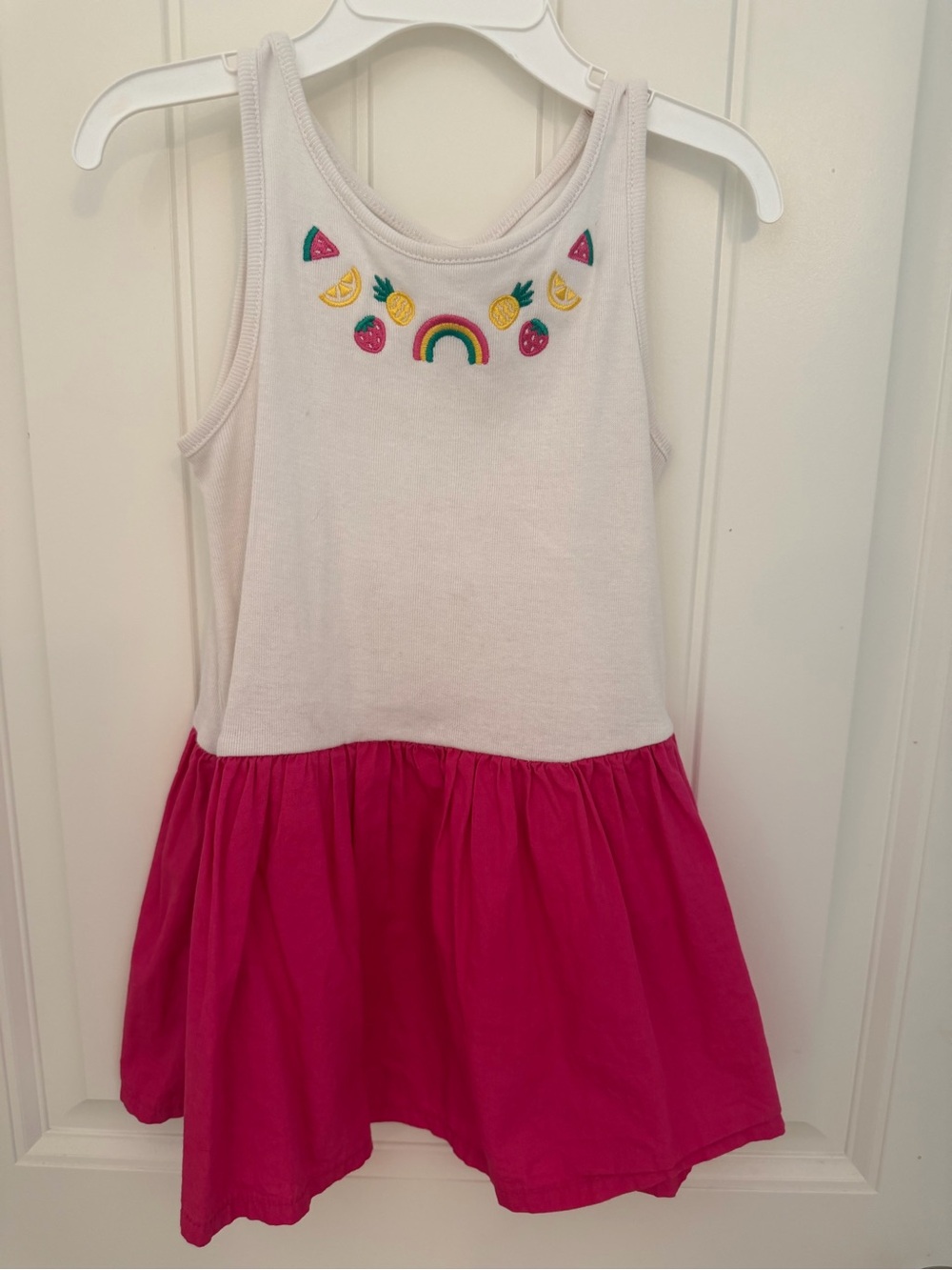 Girls cottagecore White Tank Dress with Pink Skirt and Rainbow Embroidery